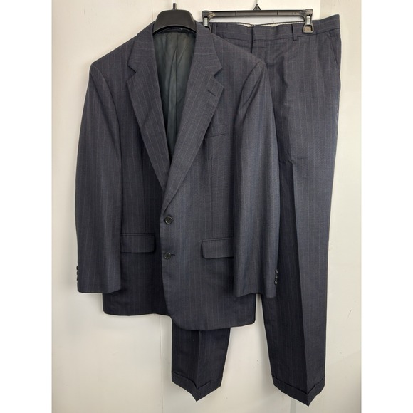 Vtg Old School Men's 2-piece Wool Suit Blazer 42L Pants 36X32 Navy Pinstripe - Picture 1 of 16
